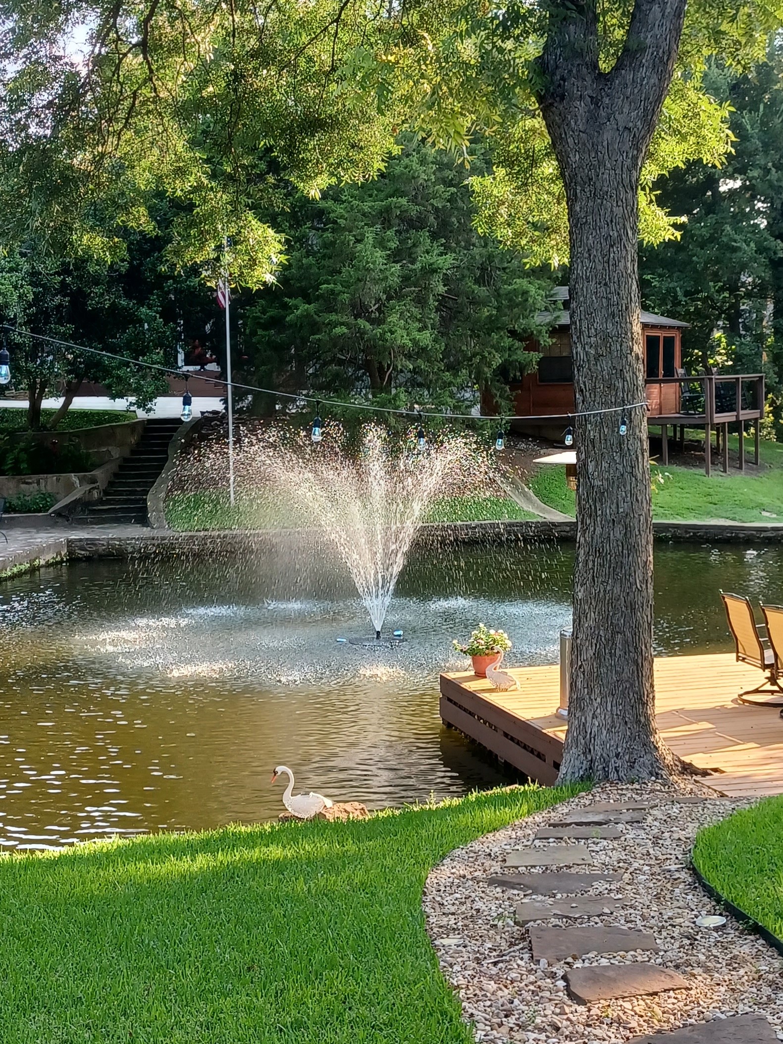 3/4 HP Pond Fountain with the arch nozzle in a small residential pond